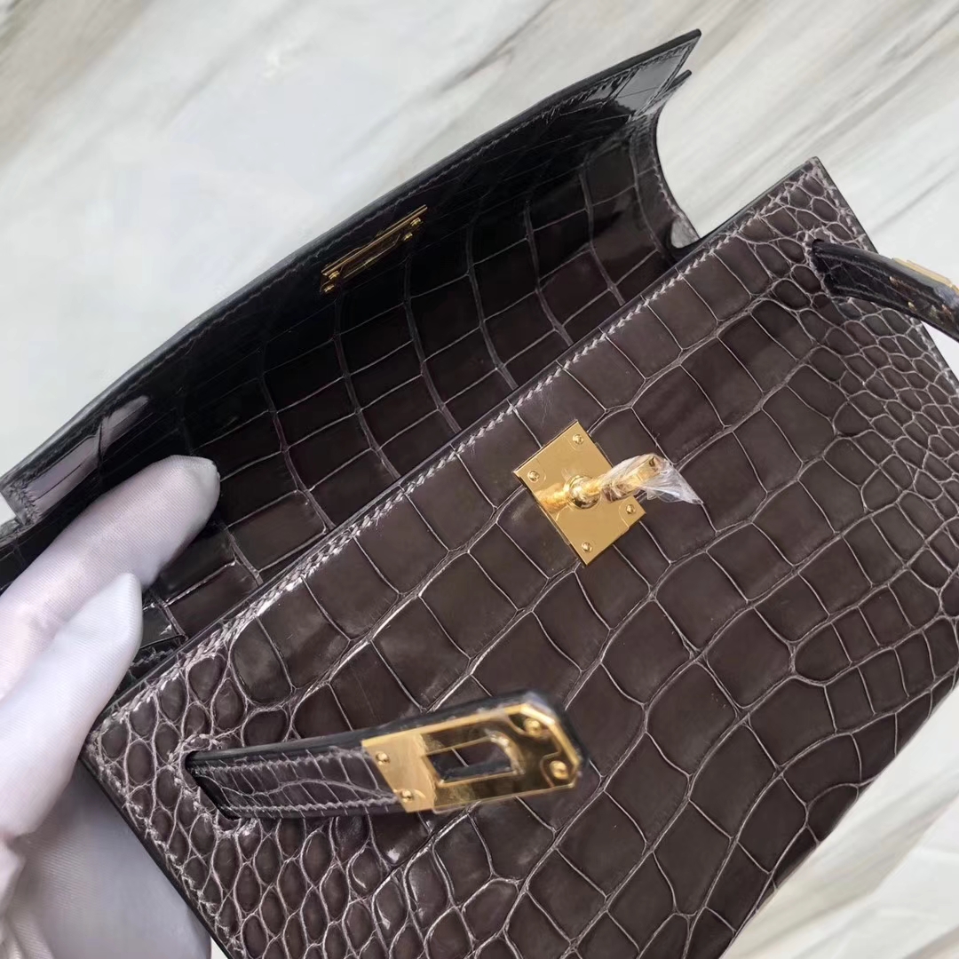 Hermès（爱马仕） Minikelly pochette Alligator shiny 亮面鳄鱼 CK88 石墨灰 金扣 手拿包 晚宴包 22cm