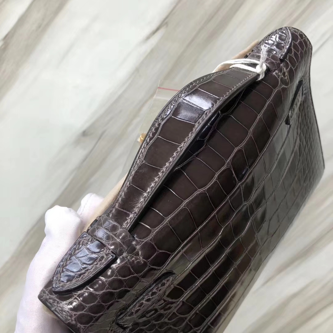 Hermès（爱马仕） Minikelly pochette Alligator shiny 亮面鳄鱼 CK88 石墨灰 金扣 手拿包 晚宴包 22cm