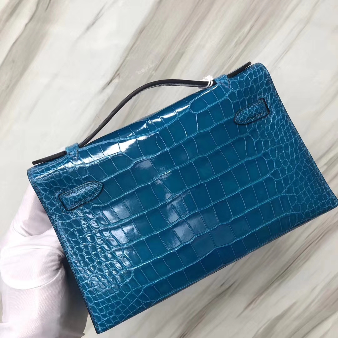 Hermès（爱马仕） Minikelly pochette Alligator shiny 亮面鳄鱼 7W 伊兹密尔蓝 银扣 手拿包 晚宴包 22cm