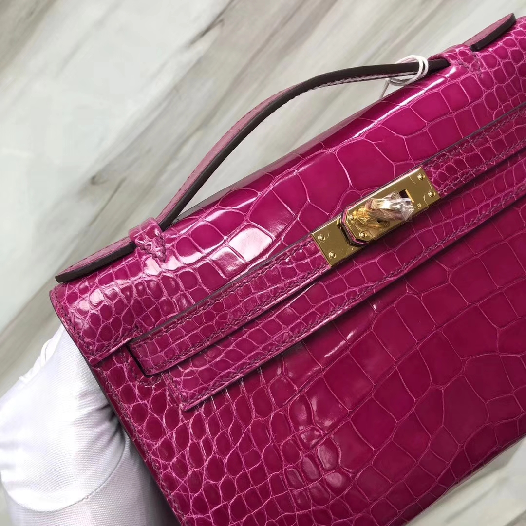 Hermès（爱马仕） Minikelly pochette Alligator shiny 亮面鳄鱼 J5 天方夜谭粉紫 金扣 手拿包 晚宴包 22cm