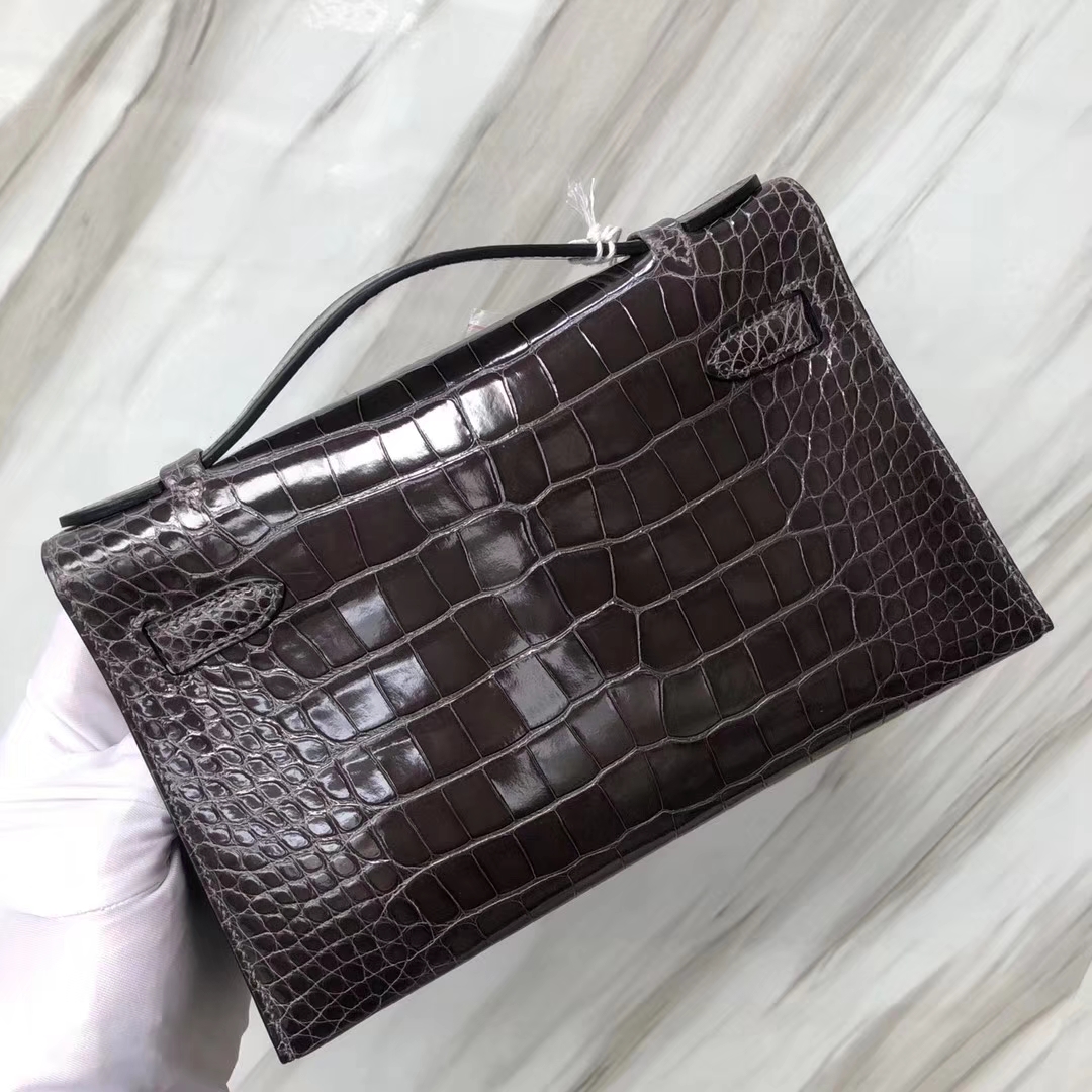 Hermès（爱马仕） Minikelly pochette Alligator shiny 亮面鳄鱼 CK88 石墨灰 金扣 手拿包 晚宴包 22cm