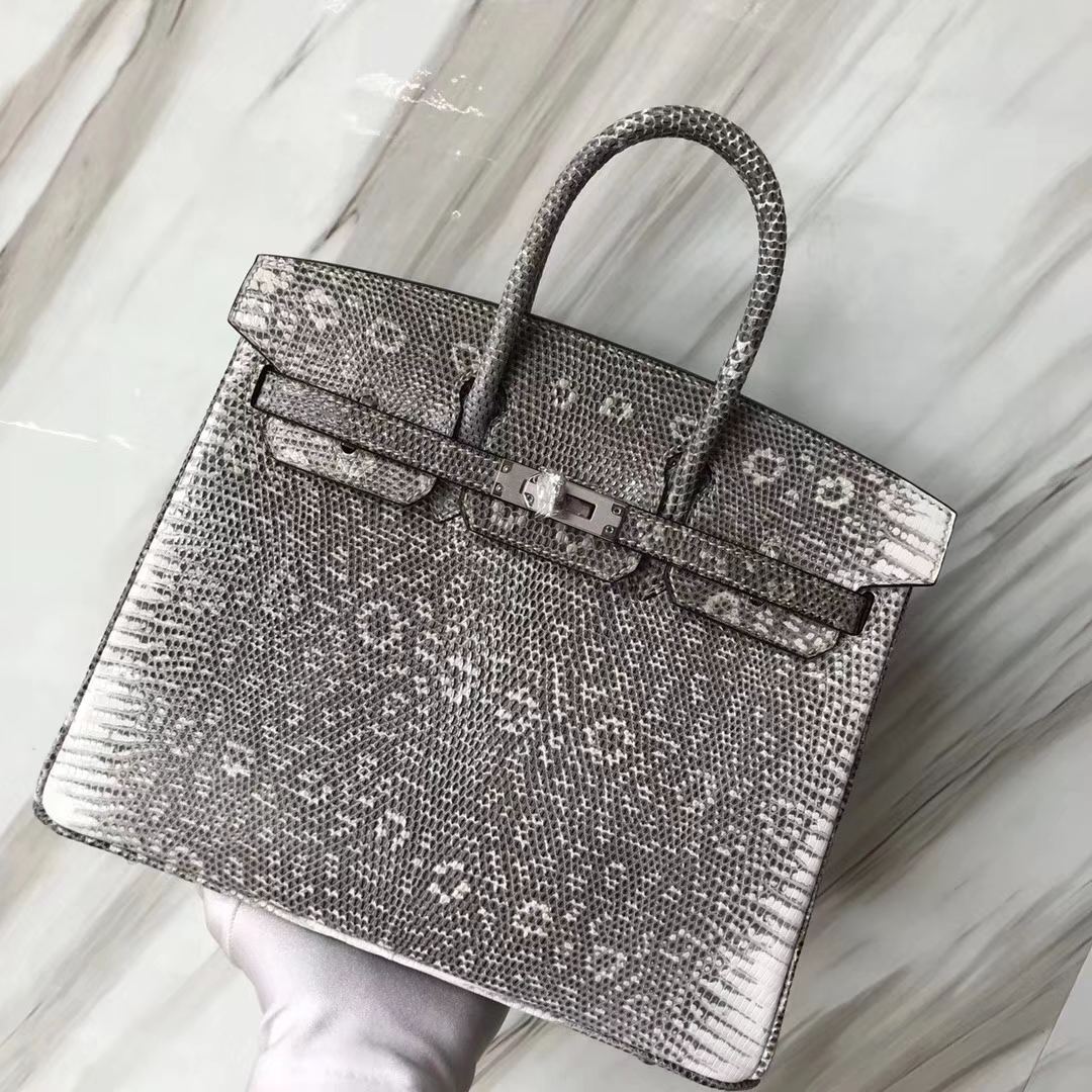 Hermès（爱马仕）Birkin铂金包 Lizard 进口亮面蜥蜴 小喜马拉雅色 银扣 25cm 现货
