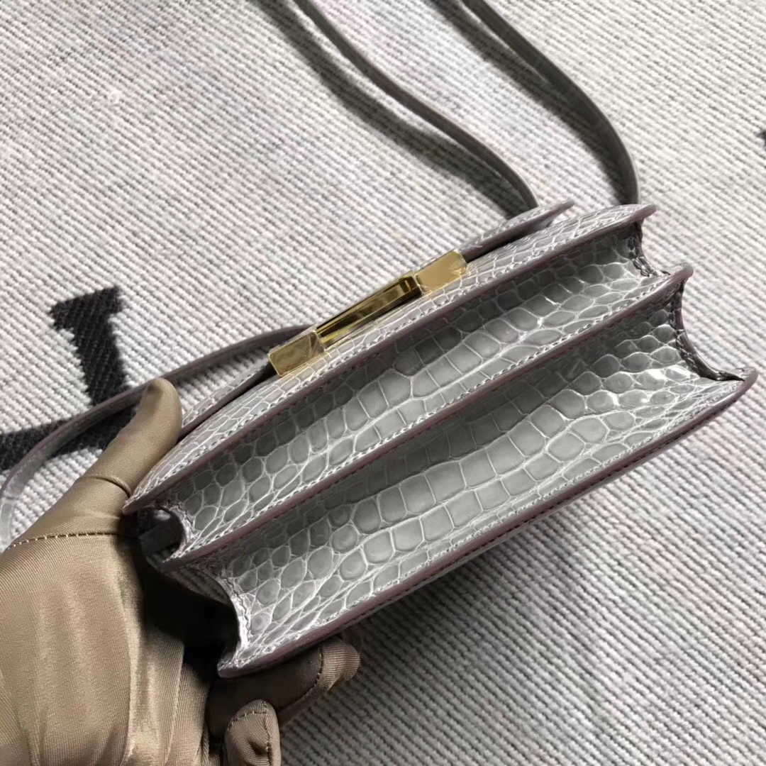 Hermès（爱马仕）空姐包 斑鸠灰 美洲鳄 金扣 现货 19cm