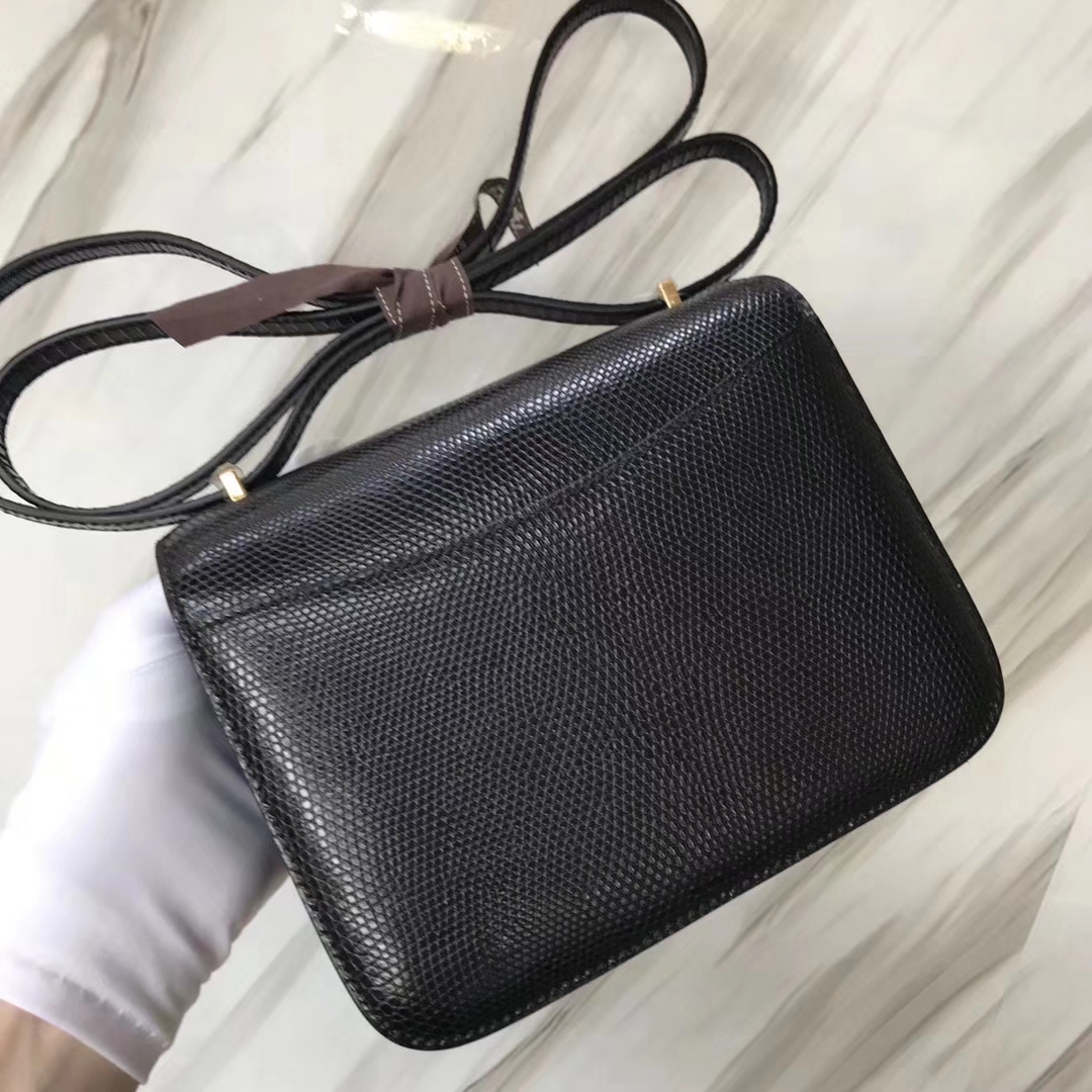 Hermès（爱马仕）Constance空姐包 Lizard 进口亮面蜥蜴🦎 ck89 黑色 noir  金扣 18cm