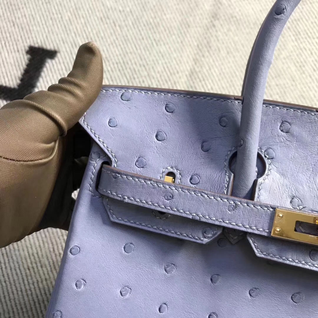 Hermès（爱马仕）brikin铂金包 南非鸵鸟皮 灰蓝色 金扣 现货 25cm