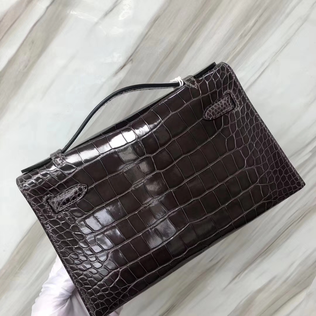 Hermès（爱马仕） Minikelly pochette Alligator shiny 亮面鳄鱼 CK88 石墨灰 银扣 手拿包 晚宴包 22cm
