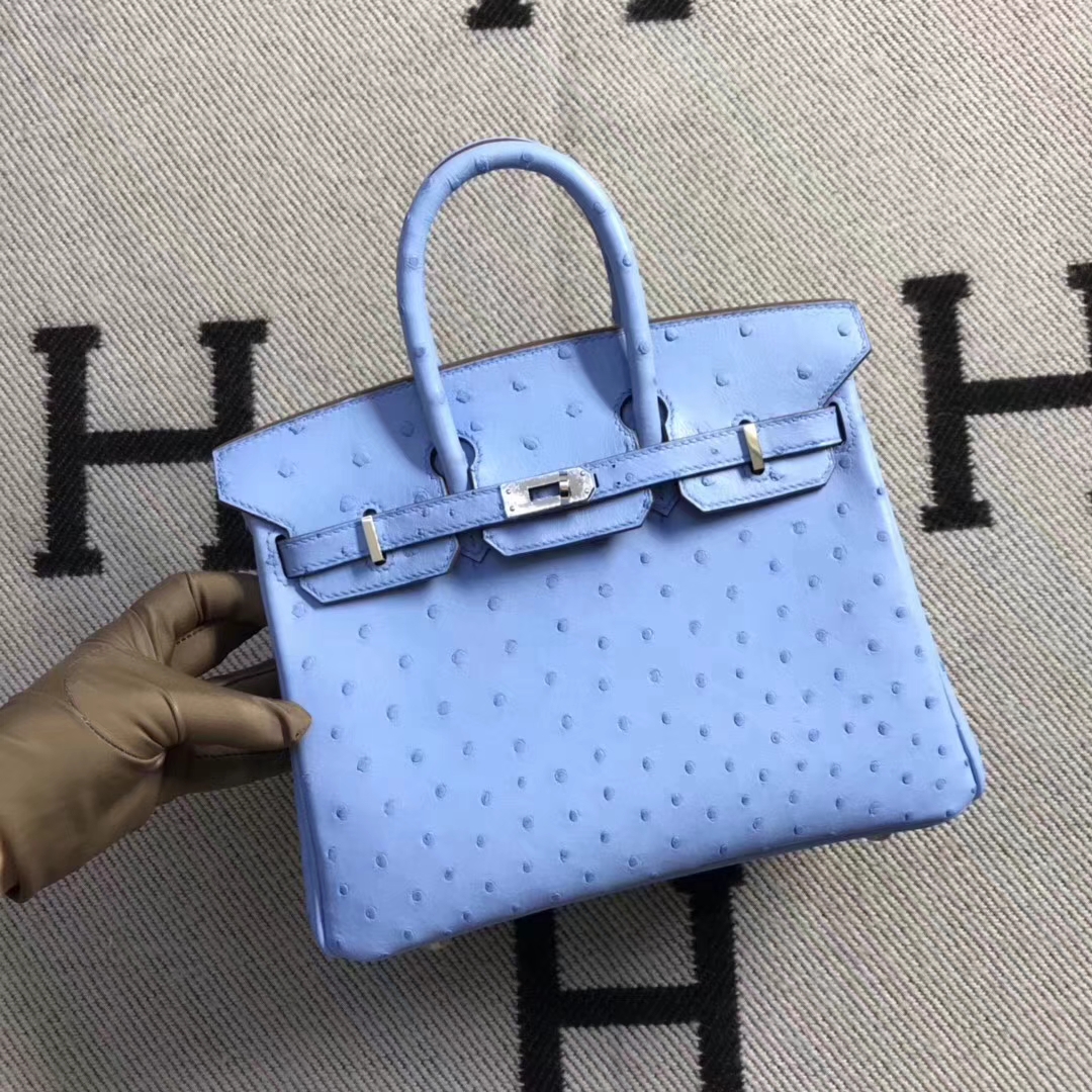 Hermès（爱马仕）brikin铂金包 南非鸵鸟皮 粉蓝色 银扣 现货 25cm