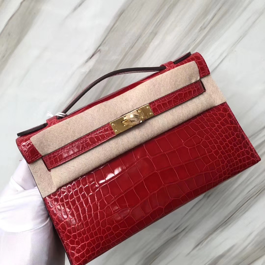Hermès（爱马仕） Minikelly pochette Alligator shiny 亮面鳄鱼 CK95 法拉利红 Braise 金扣 手拿包 晚宴包 22cm