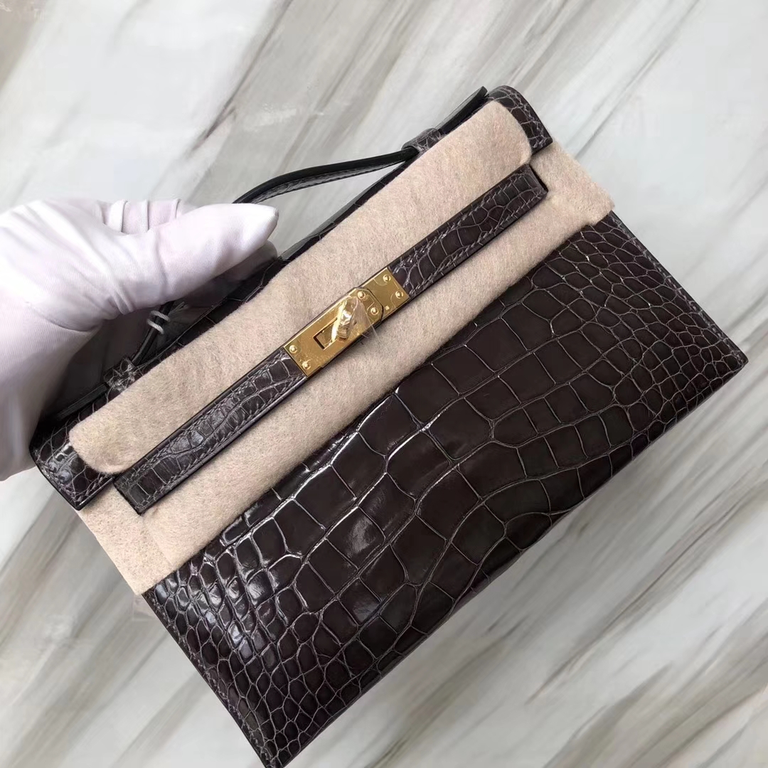 Hermès（爱马仕） Minikelly pochette Alligator shiny 亮面鳄鱼 CK88 石墨灰 金扣 手拿包 晚宴包 22cm