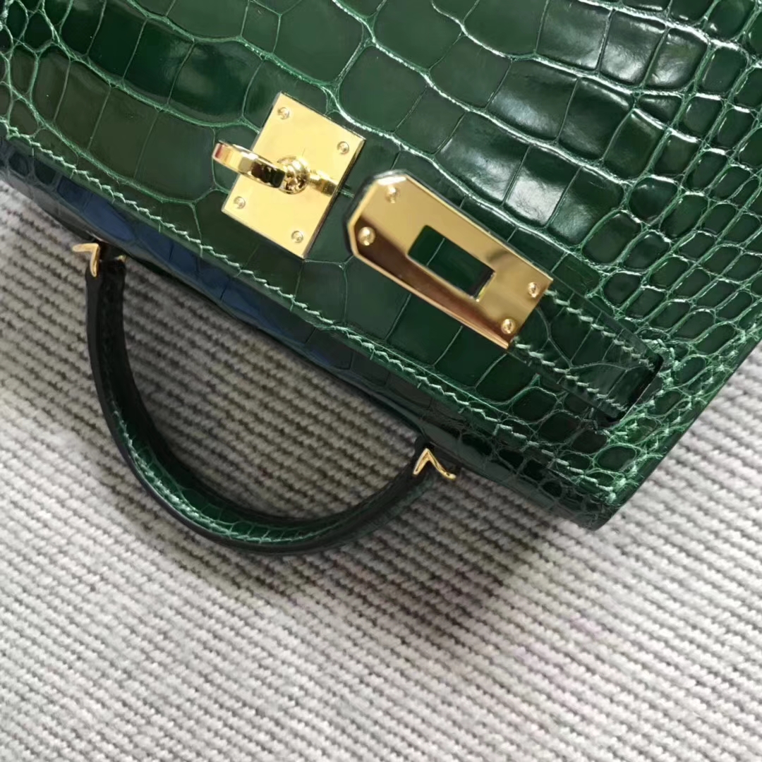 Hermès（爱马仕）mini 迷你凯莉 祖母绿 美洲鳄鱼方块 金扣 2代 小极品现货