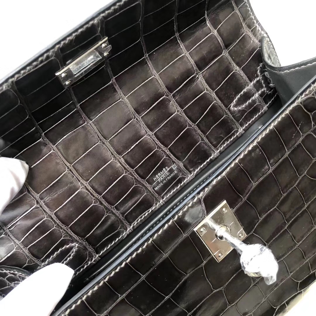 Hermès（爱马仕） Minikelly pochette Alligator shiny 亮面鳄鱼 CK88 石墨灰 银扣 手拿包 晚宴包 22cm