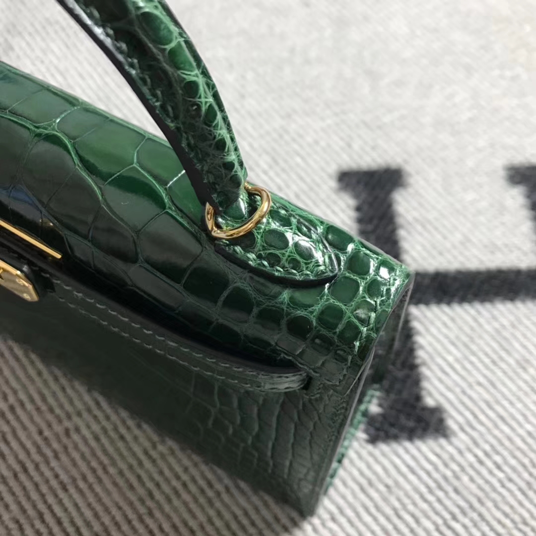 Hermès（爱马仕）mini 迷你凯莉 祖母绿 美洲鳄鱼方块 金扣 2代 小极品现货