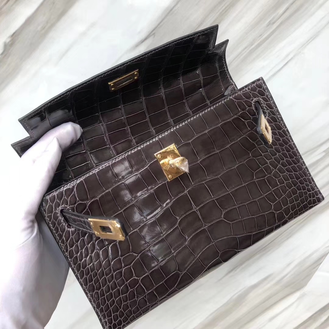 Hermès（爱马仕） Minikelly pochette Alligator shiny 亮面鳄鱼 CK88 石墨灰 金扣 手拿包 晚宴包 22cm