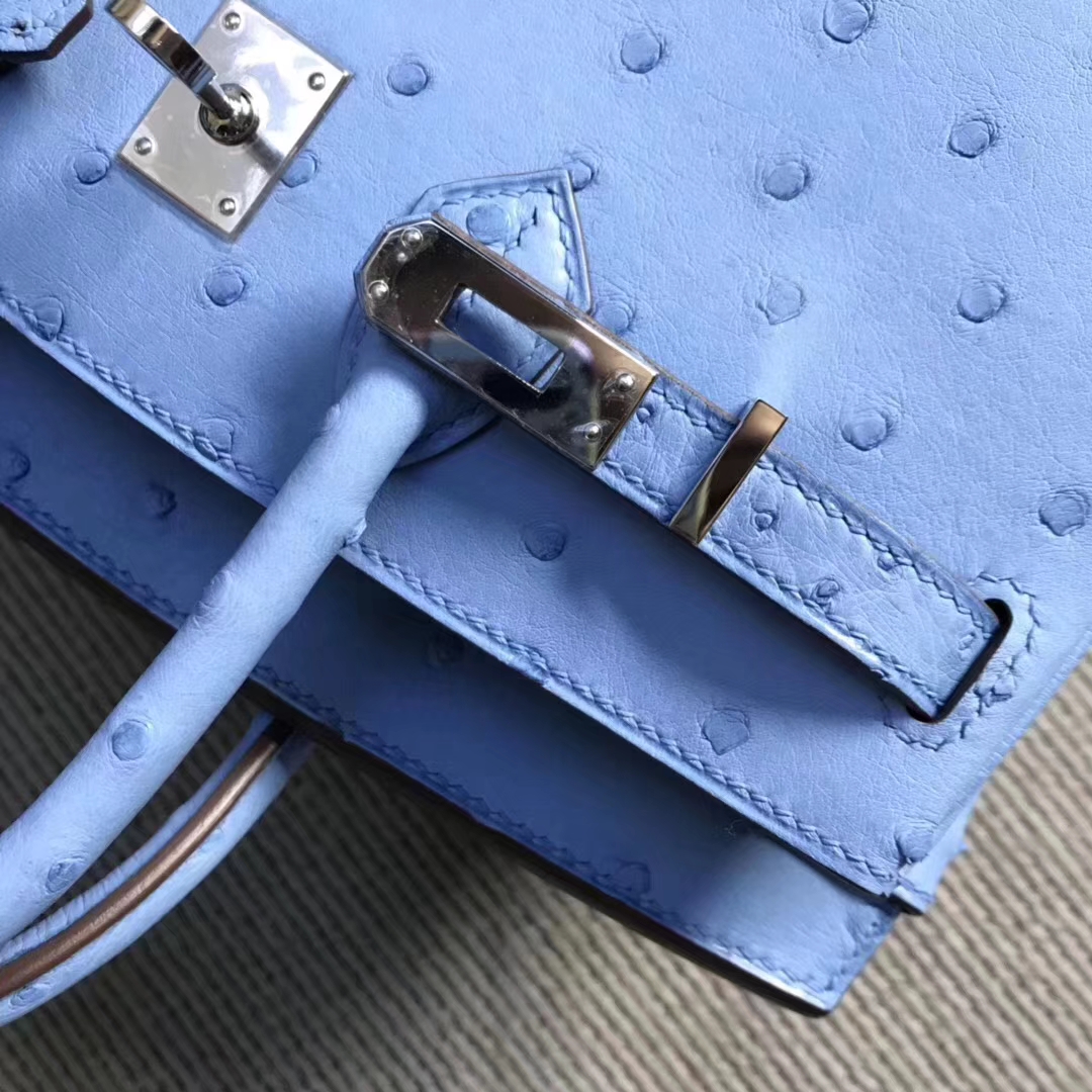 Hermès（爱马仕）brikin铂金包 南非鸵鸟皮 粉蓝色 银扣 现货 25cm