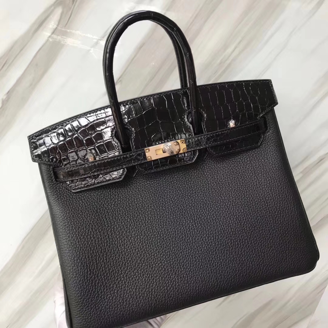 Hermès（爱马仕）Birkin铂金包 ck89 黑色 noir crocodile shiny 亮面鳄鱼黑色 玫瑰金 25cm