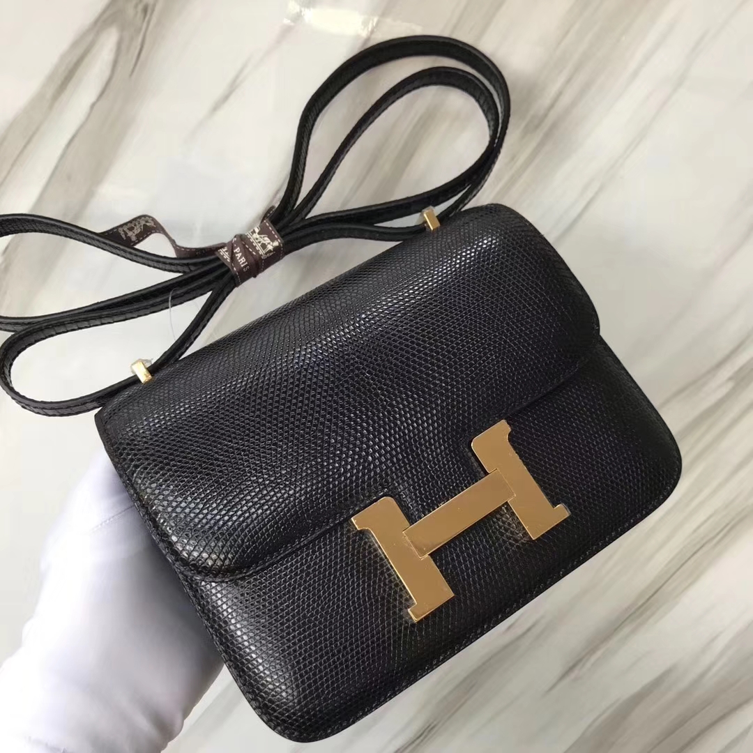 Hermès（爱马仕）Constance空姐包 Lizard 进口亮面蜥蜴🦎 ck89 黑色 noir  金扣 18cm
