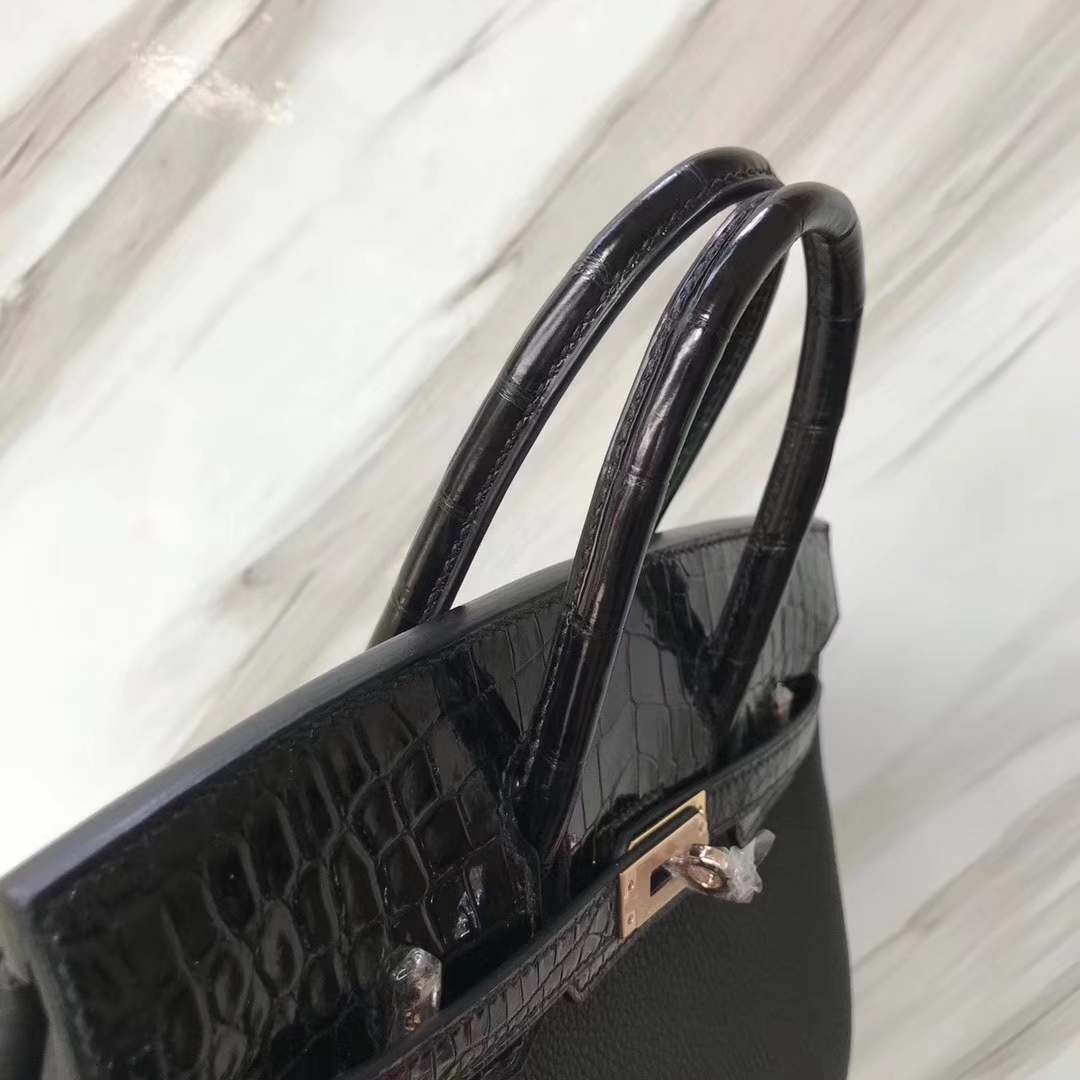 Hermès（爱马仕）Birkin铂金包 ck89 黑色 noir crocodile shiny 亮面鳄鱼黑色 玫瑰金 25cm