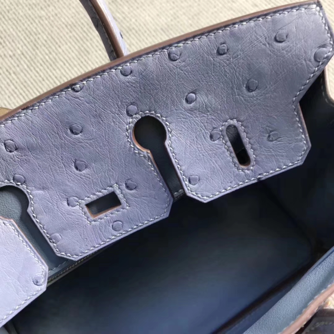 Hermès（爱马仕）brikin铂金包 南非鸵鸟皮 灰蓝色 金扣 现货 25cm