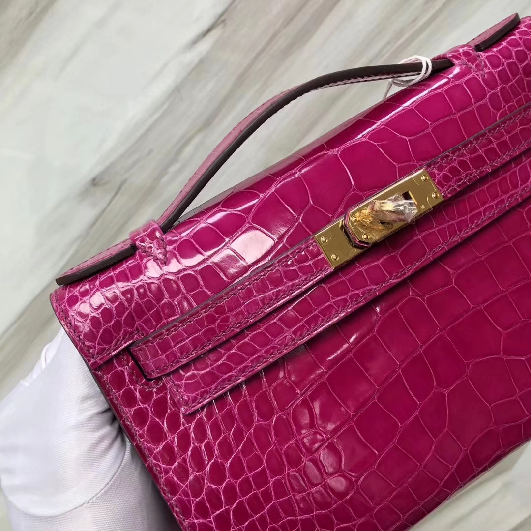 Hermès（爱马仕） Minikelly pochette Alligator shiny 亮面鳄鱼 J5 天方夜谭粉紫 金扣 手拿包 晚宴包 22cm