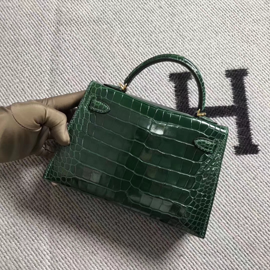 Hermès（爱马仕）mini 迷你凯莉 祖母绿 美洲鳄鱼方块 金扣 2代 小极品现货
