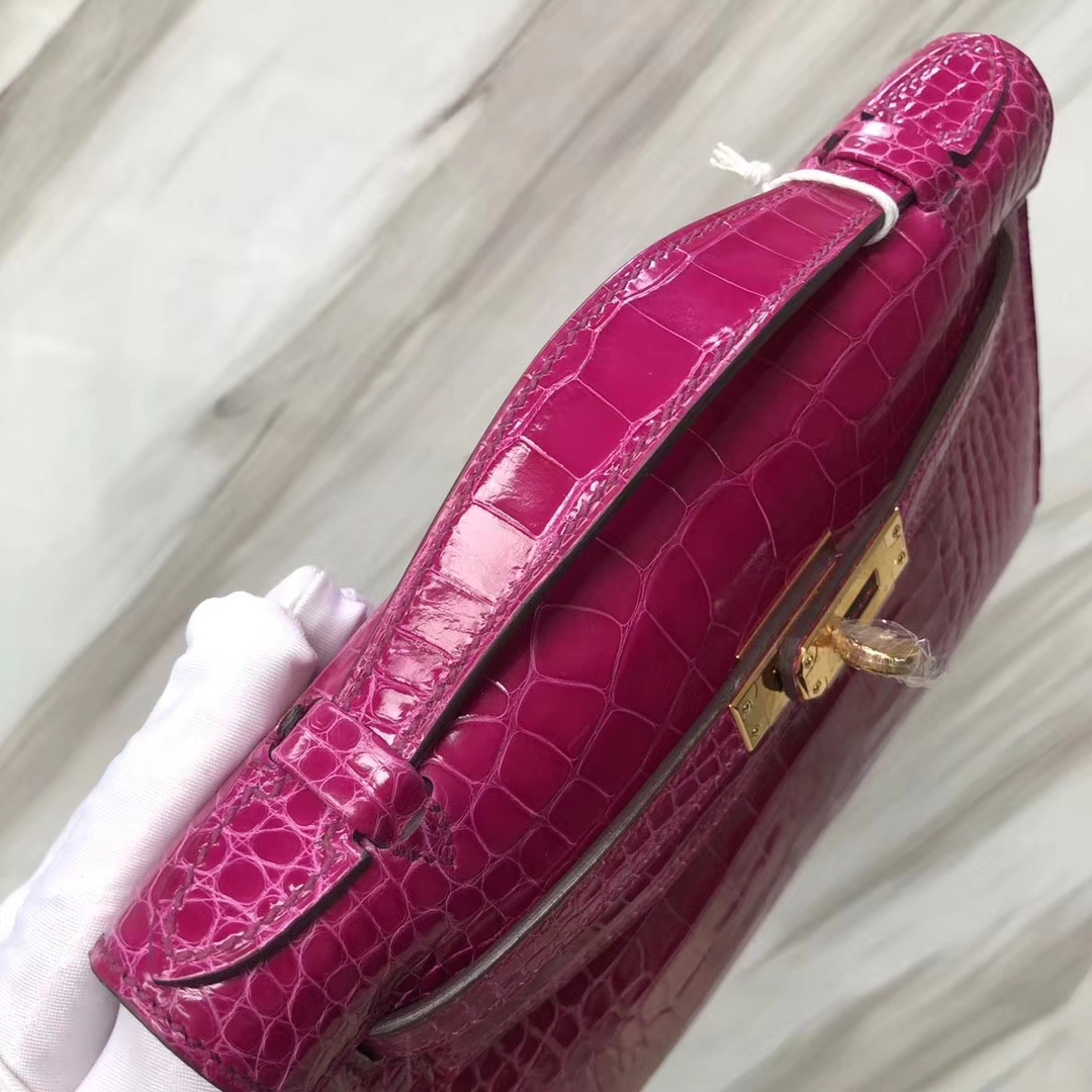 Hermès（爱马仕） Minikelly pochette Alligator shiny 亮面鳄鱼 J5 天方夜谭粉紫 金扣 手拿包 晚宴包 22cm