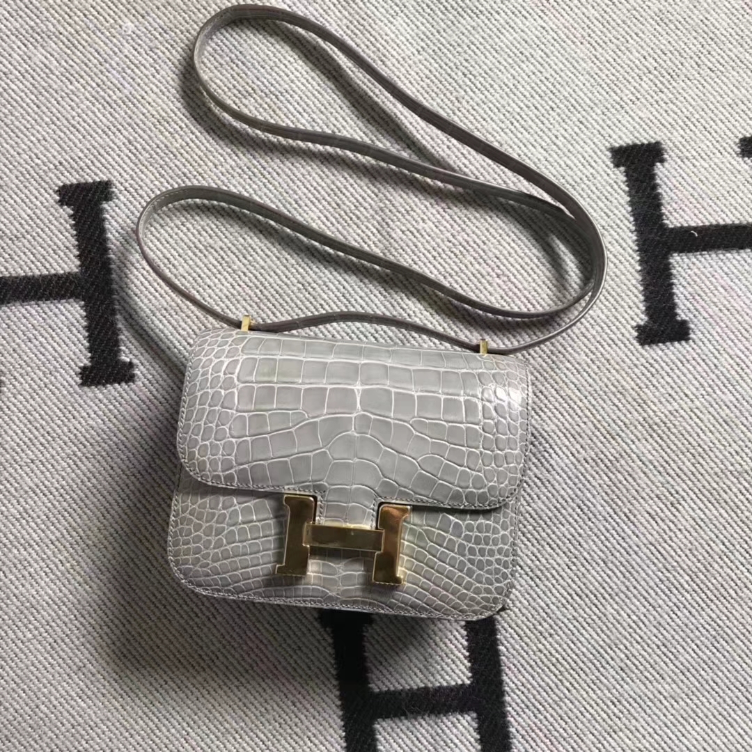 Hermès（爱马仕）空姐包 斑鸠灰 美洲鳄 金扣 现货 19cm