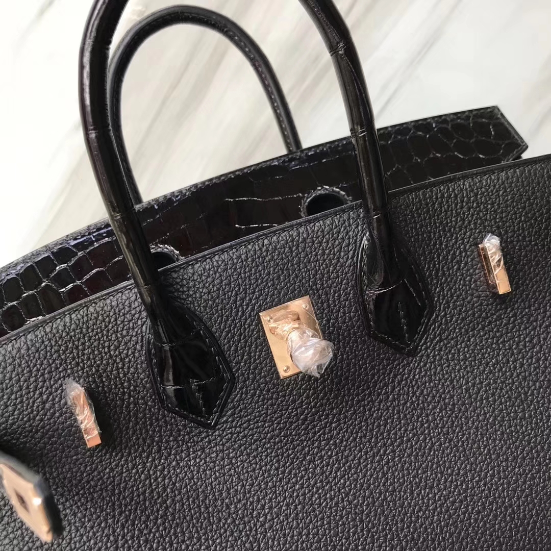 Hermès（爱马仕）Birkin铂金包 ck89 黑色 noir crocodile shiny 亮面鳄鱼黑色 玫瑰金 25cm