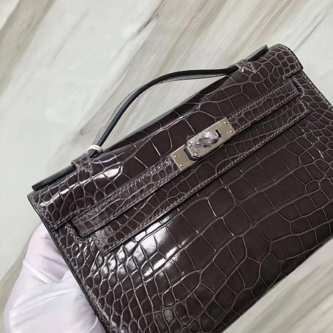 Hermès（爱马仕） Minikelly pochette Alligator shiny 亮面鳄鱼 CK88 石墨灰 银扣 手拿包 晚宴包 22cm