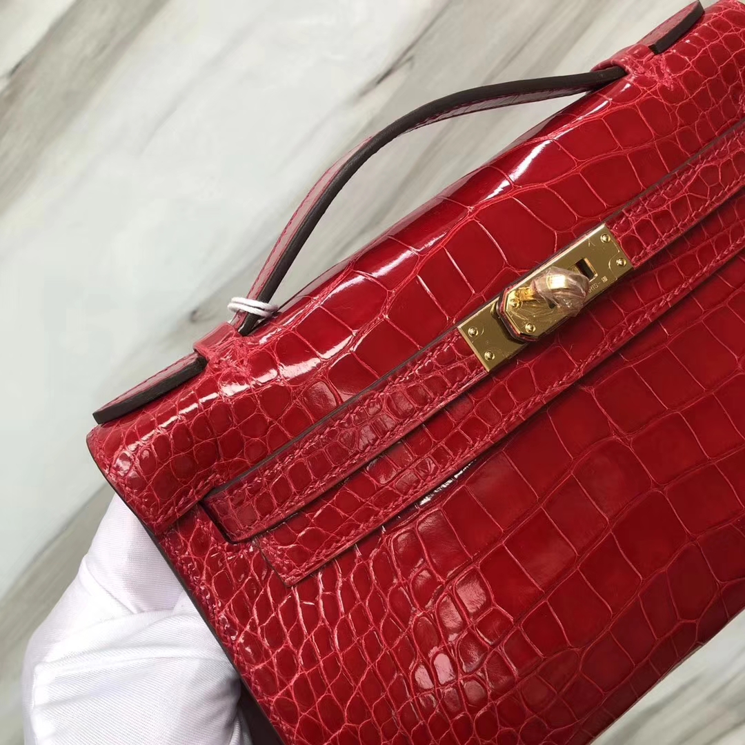 Hermès（爱马仕） Minikelly pochette Alligator shiny 亮面鳄鱼 CK95 法拉利红 Braise 金扣 手拿包 晚宴包 22cm