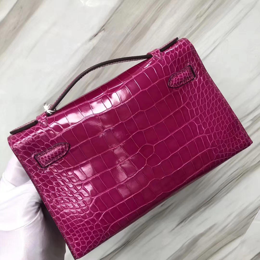 Hermès（爱马仕） Minikelly pochette Alligator shiny 亮面鳄鱼 J5 天方夜谭粉紫 金扣 手拿包 晚宴包 22cm