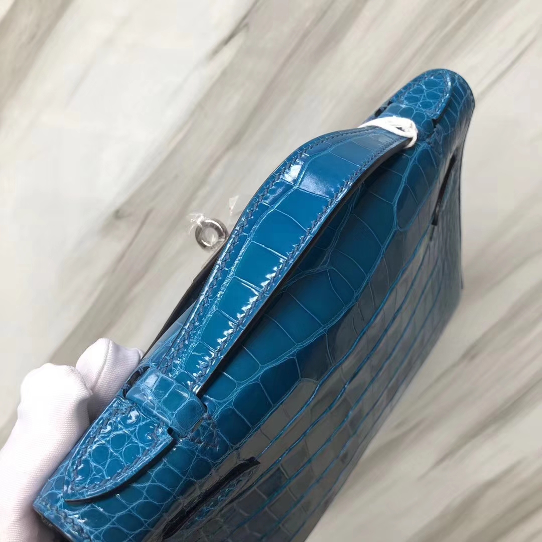 Hermès（爱马仕） Minikelly pochette Alligator shiny 亮面鳄鱼 7W 伊兹密尔蓝 银扣 手拿包 晚宴包 22cm