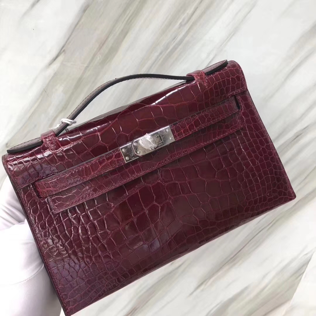 Hermès（爱马仕）Mini Kelly 亮面框框美洲鳄 F5勃艮第酒红 顶级工艺 蜡线全手工 银扣 22cm