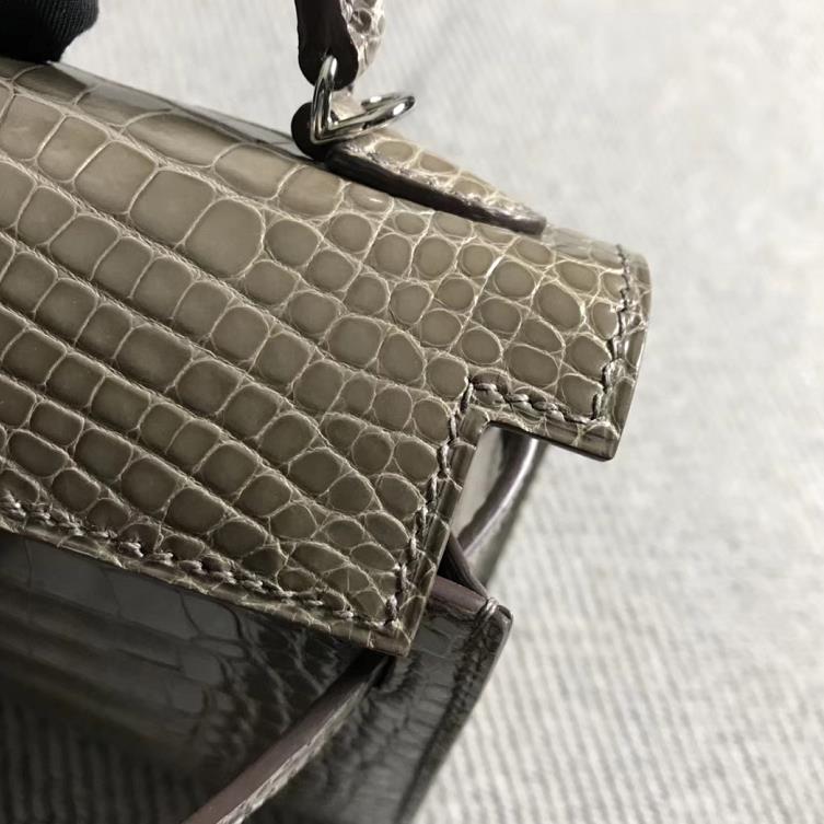 Hermès（爱马仕）mini 迷你凯莉 大象灰 美洲鳄鱼方块 银扣 2代