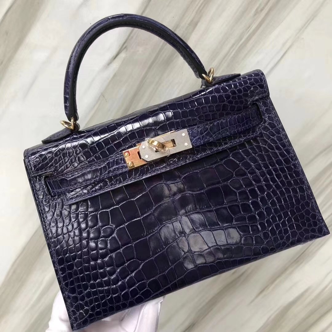 Hermès（爱马仕）Minikelly ll Alligator shiny 亮面鳄鱼 m3 墨水蓝 金扣 超美现货