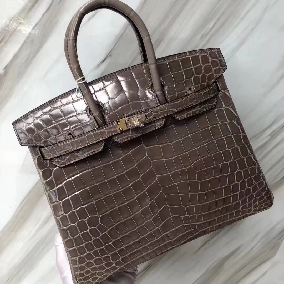 Hermès（爱马仕）Birkin shiny nilo crocodile 亮面两点尼罗鳄 ck81斑鸠灰 蜡线全手工 金扣 25cm