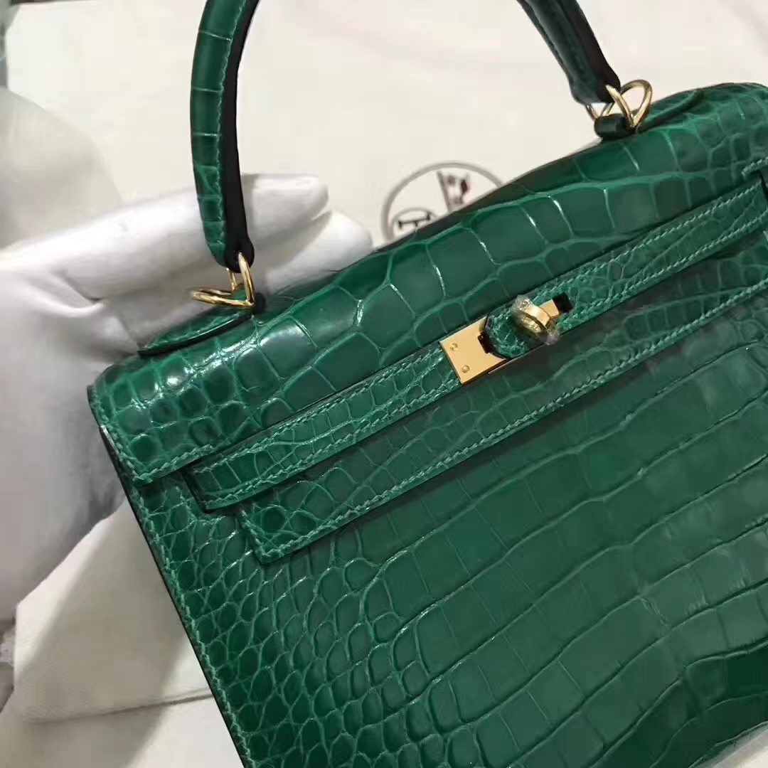 Hermès（爱马仕）Kelly Alligator shiny 亮面鳄鱼 6Ｑ 翡翠绿 金扣 25cm
