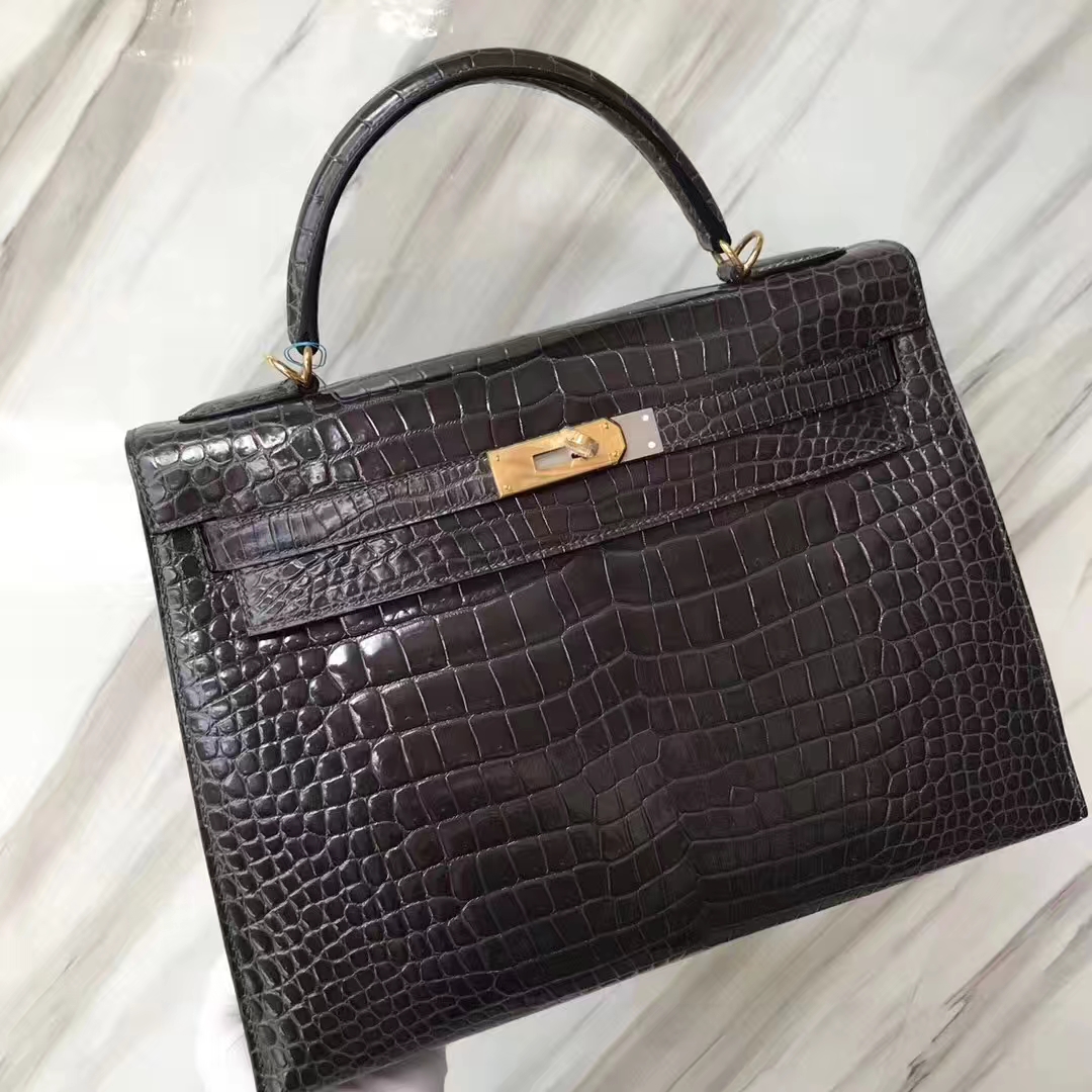 Hermès（爱马仕）Kelly凯莉包 shiny porosus 澳洲湾鳄 ck88石墨灰 蜡线全手工 金扣 32cm