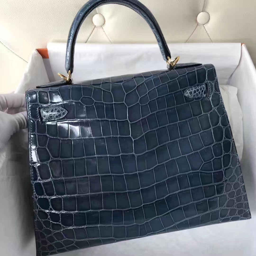 Hermès（爱马仕）Kelly凯莉包 Crocodile shiny 亮面鳄鱼1p 鸭子蓝 金扣 28cm