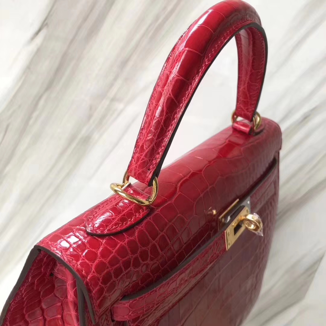 Hermès（爱马仕）Kelly凯莉包 Alligator shiny 亮面鳄鱼 ck95 法拉利红 Braise 金扣 25cm