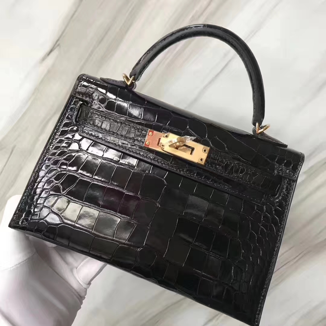 Hermès（爱马仕）Minikelly ll Alligator shiny 亮面鳄鱼 ck89 黑色 noir 金扣 现货
