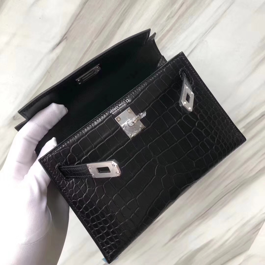 Hermès（爱马仕）Minikelly ll Alligator matt 雾面鳄鱼 ck89 黑色 银扣 超美现货