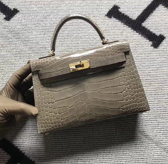 Hermès（爱马仕）minikelly 亮面鳄鱼皮 大象灰 金扣 2代