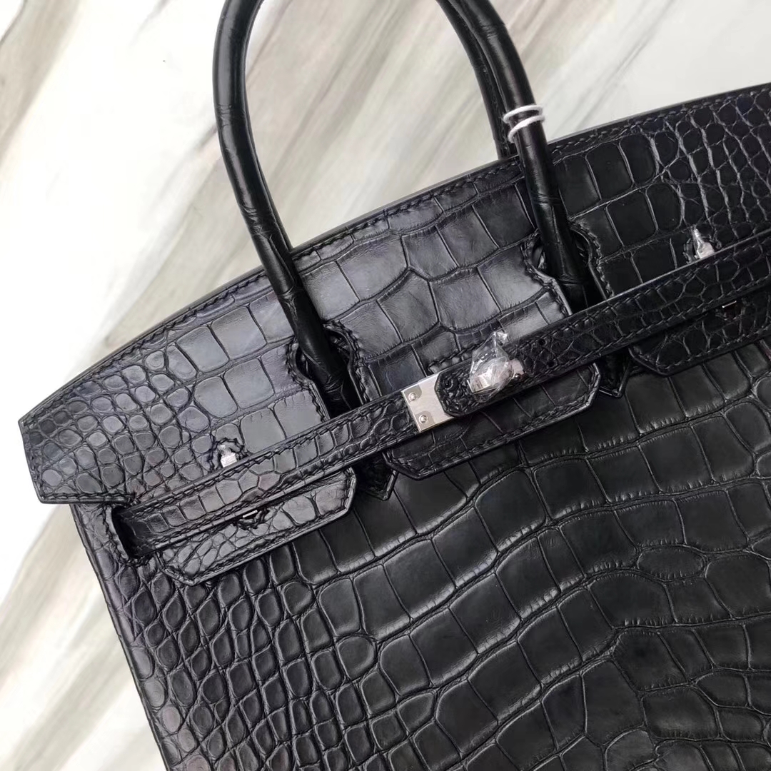 Hermès(爱马仕)Birkin Alligator matt 雾面鳄鱼 ck89 黑色 noir 银扣 25cm-拉尔森鳄鱼皮具定制 - 爱马仕包包官网 Hermès(爱马仕)Birkin Alligator matt 雾面鳄鱼 ck89 黑色 noir 银扣 25cm