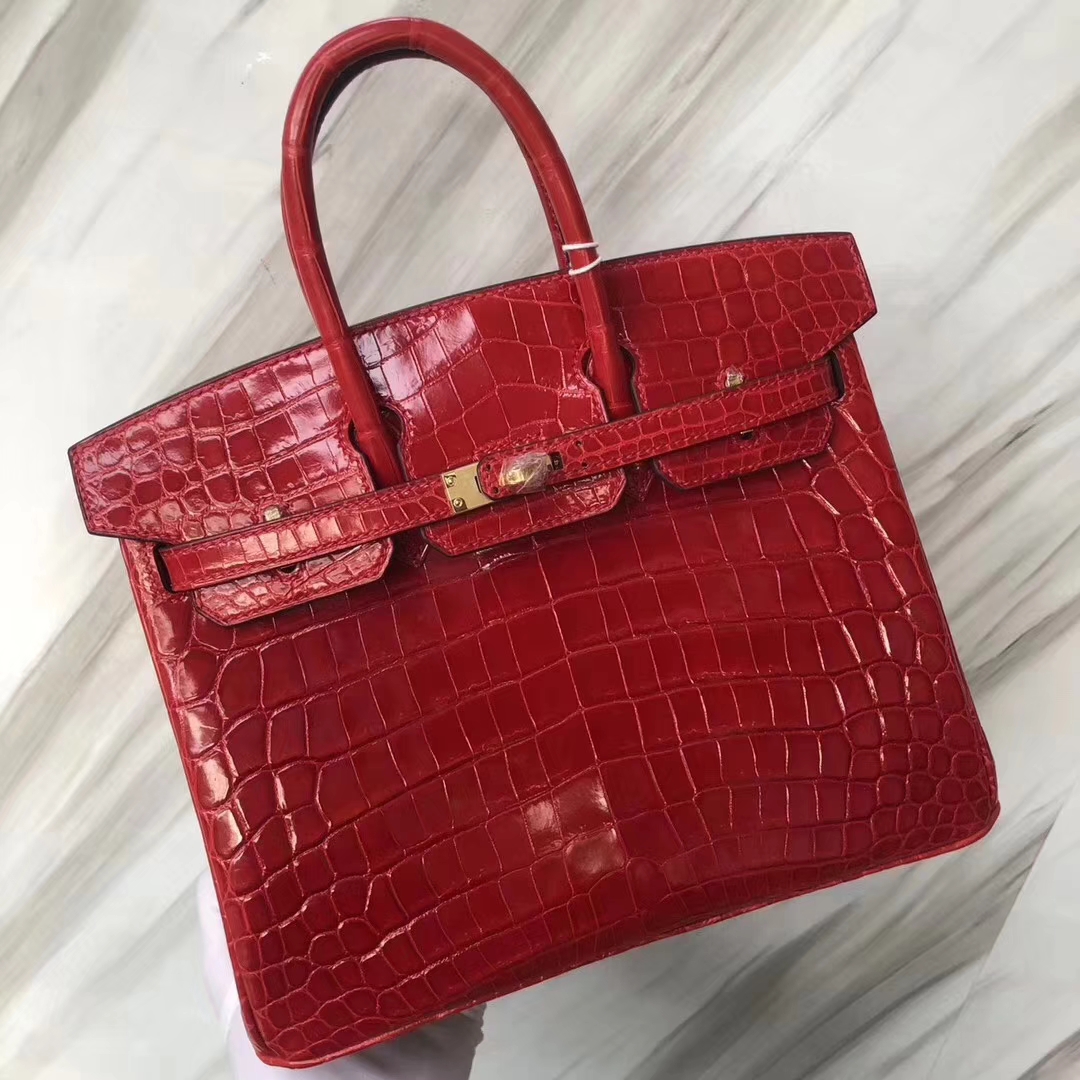 Hermès（爱马仕）Birkin Crocodile shiny 亮面鳄鱼 ck95 法拉利红 Braise 金扣 25cm