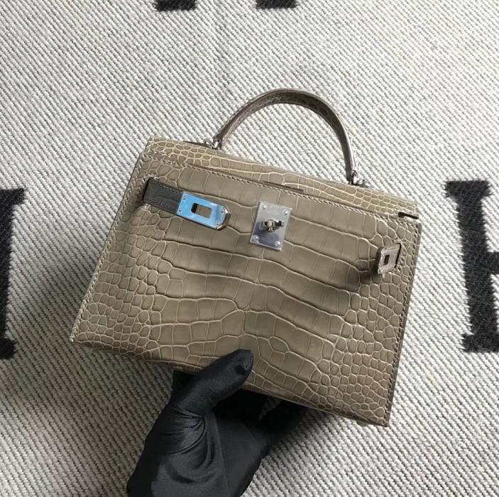 Hermès（爱马仕）mini 迷你凯莉 大象灰 美洲鳄鱼方块 银扣 2代