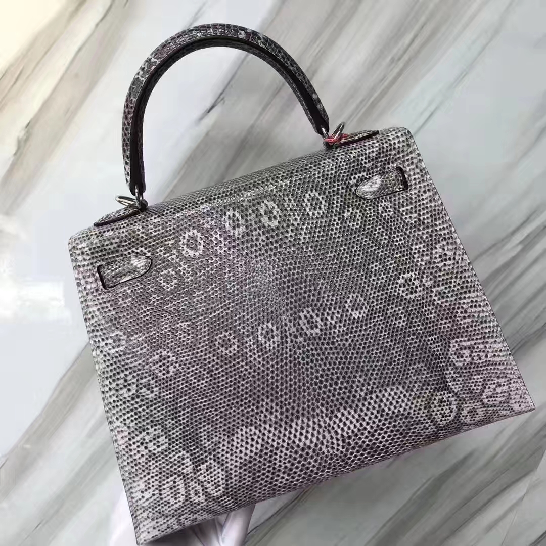 Hermès（爱马仕）Kelly凯莉包 Lizard 进口亮面蜥蜴 小喜马拉雅色 黑白色 银扣 25cm