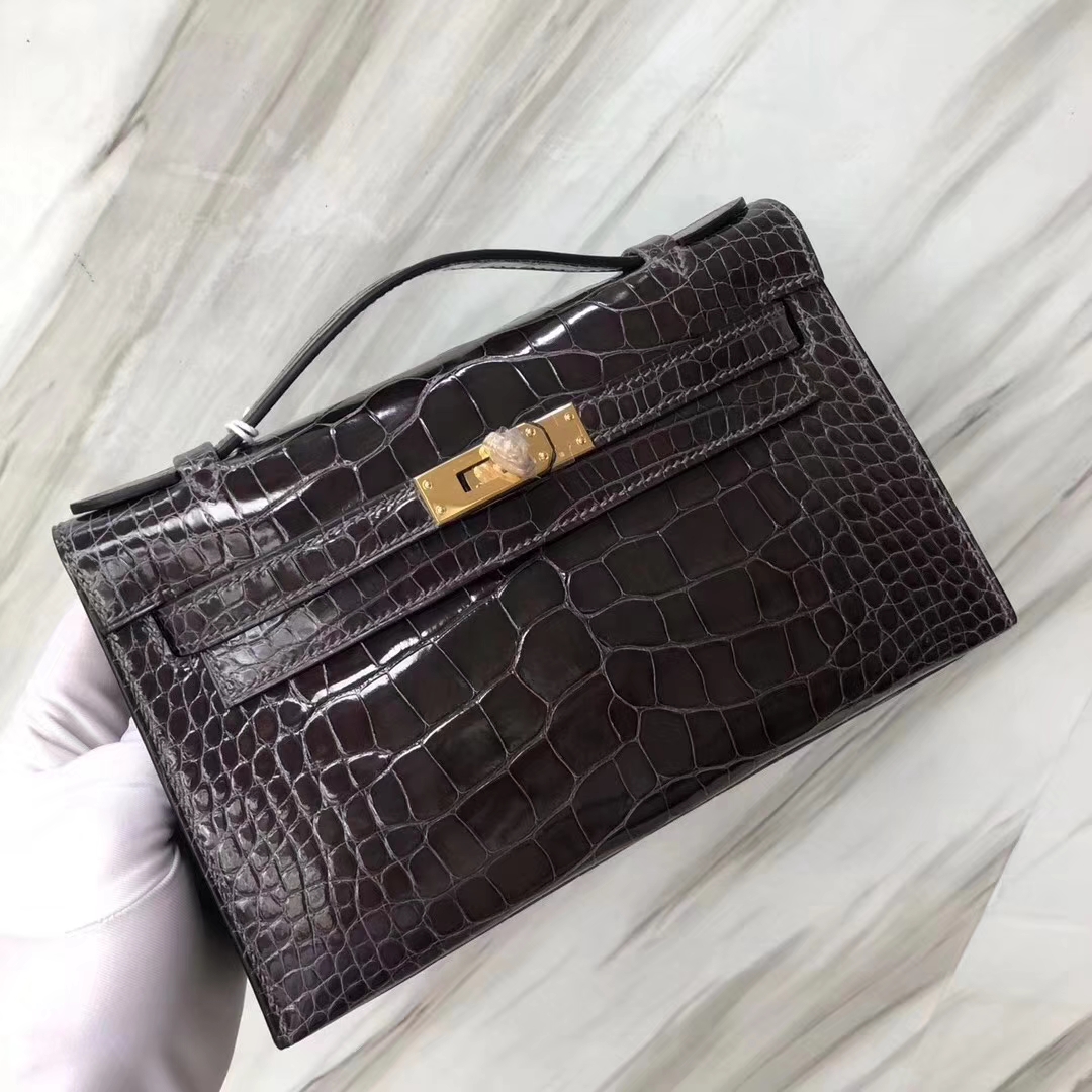 Hermès（爱马仕）Minikelly pochette 亮面鳄鱼 ck88 石墨灰 Graphite 金扣 22cm