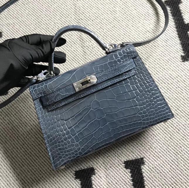 Hermès（爱马仕）mini 迷你凯莉 风暴蓝 美洲鳄鱼方块 银扣 2代
