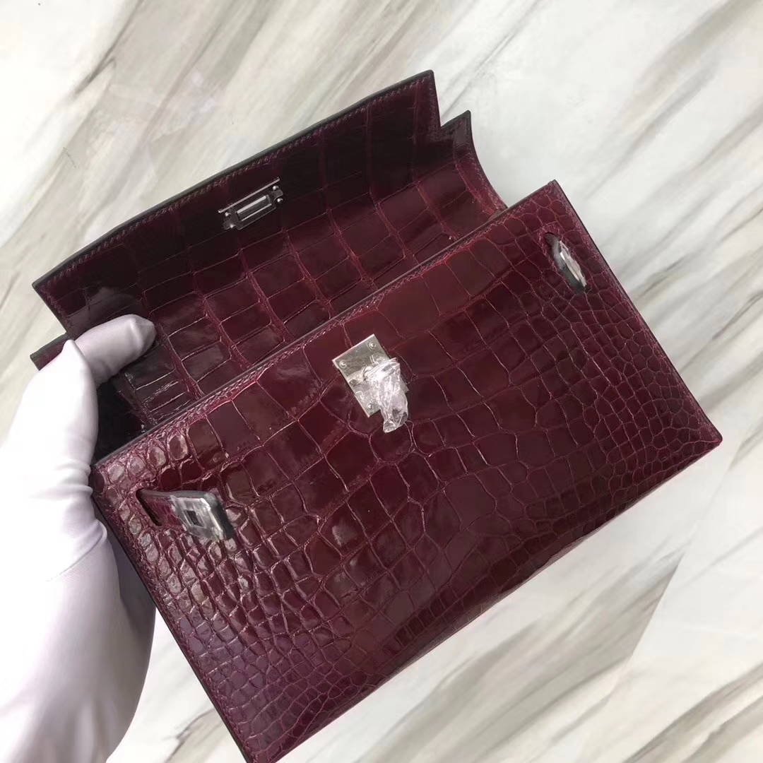 Hermès（爱马仕）Mini Kelly 亮面框框美洲鳄 F5勃艮第酒红 顶级工艺 蜡线全手工 银扣 22cm