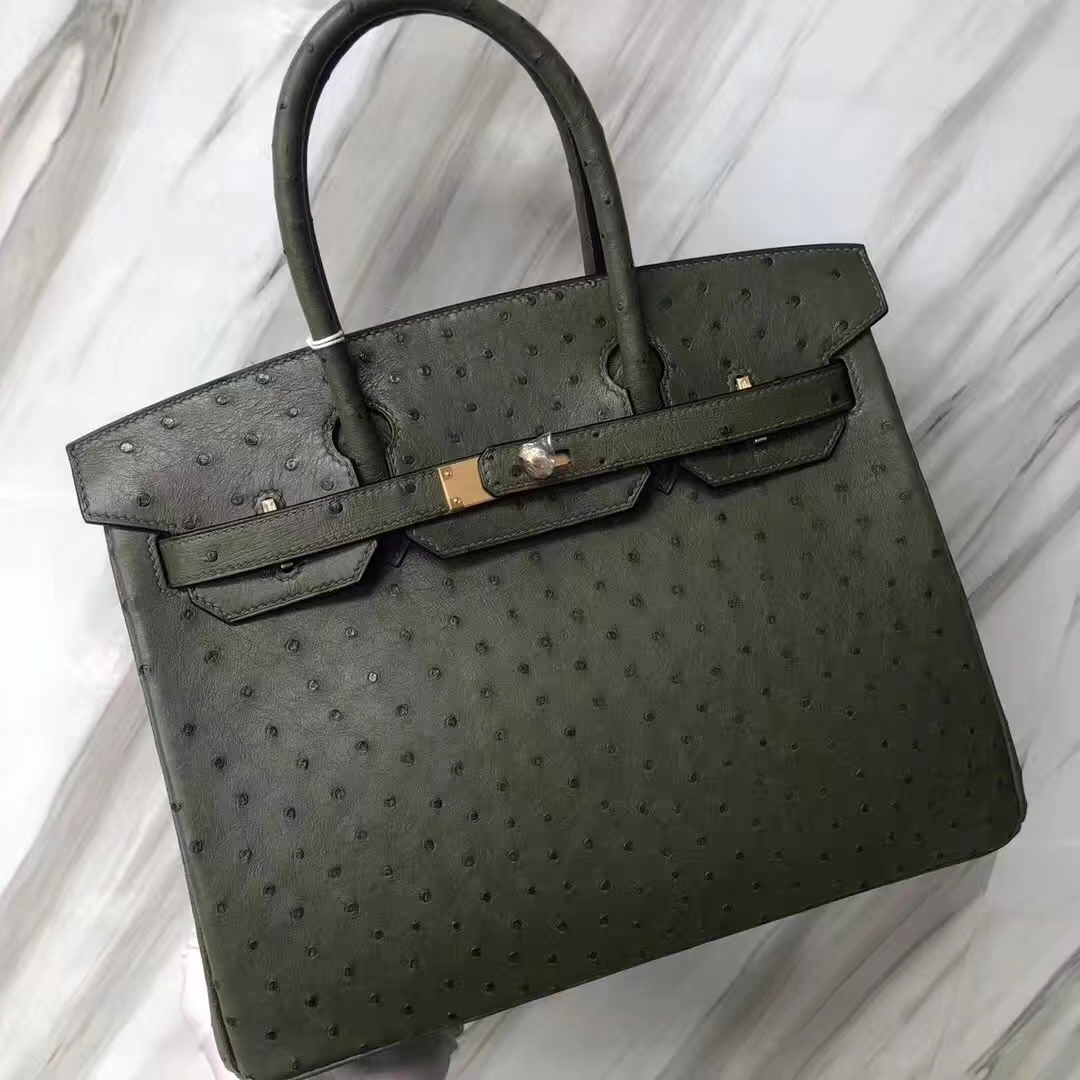 Hermès（爱马仕）Birkin铂金包 ostrich kk鸵鸟 V6丛林绿 顶级工艺 蜡线全手工 金扣 30cm